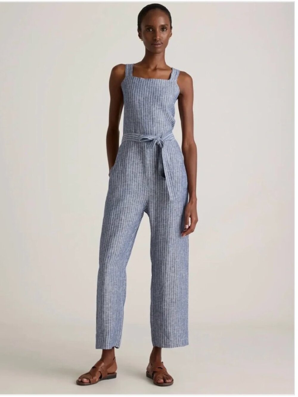Quince European Linen Square Neck Jumpsuit Romper Striped Sleeveless Blue Small